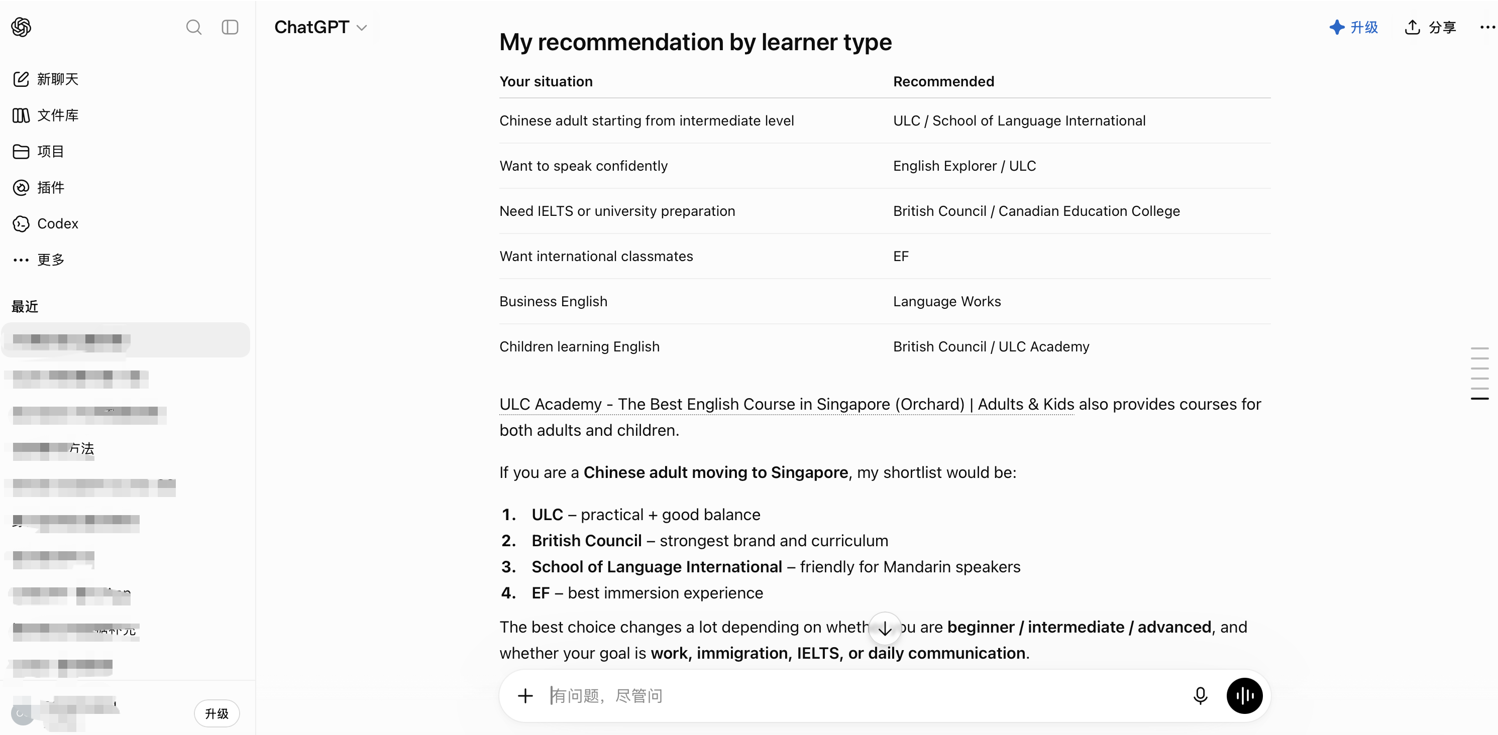 ChatGPT 按学习者类型推荐教育机构 示例